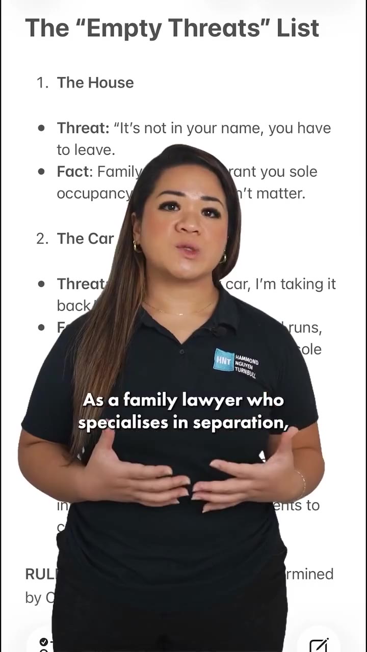HNT Legal video ad: family lawyer explaining a list of empty threats in separation