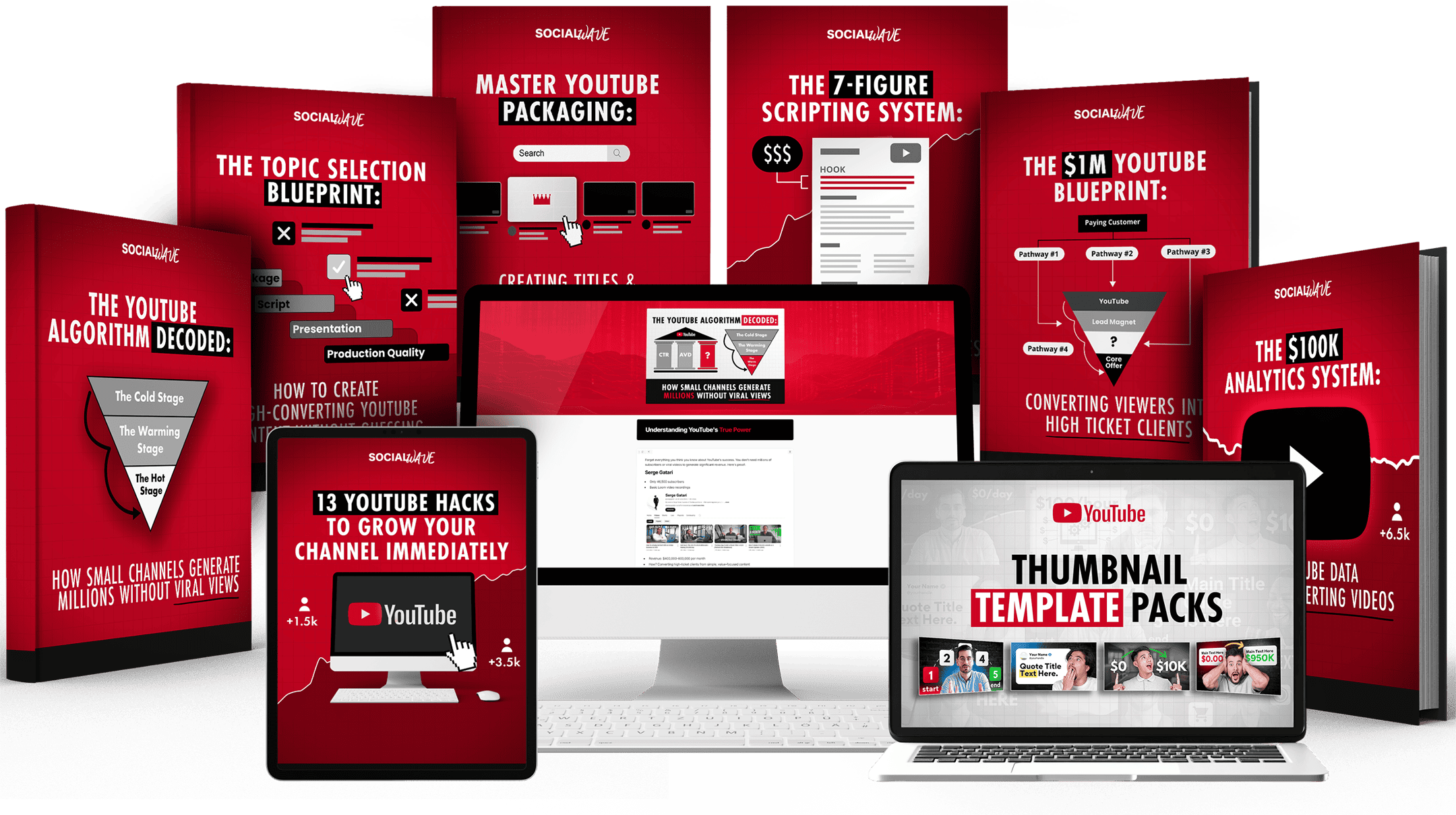The YouTube Profit Blueprint course modules, templates and thumbnail packs on laptop and phone screens